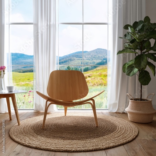 Wooden Chair in Front of Large Windows With Mountain View During Daytime