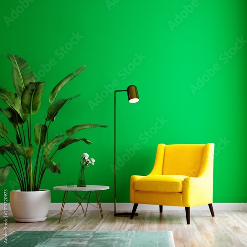 Bright Yellow Chair and Green Wall in Modern Room With Plant and Lamp