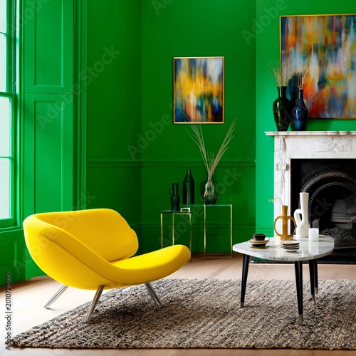 Bright Yellow Chair in a Green Room With Minimal Decor and a Plant