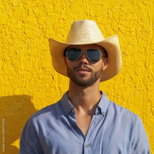 Man in White Hat and Sunglasses Stands by Yellow Wall During Sunny Day