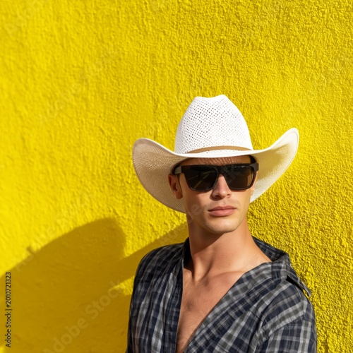 Man in White Hat and Sunglasses Stands by Yellow Wall During Sunny Day