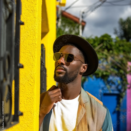 Stylish Man Stands Against Colorful Buildings in Urban Setting on a Sunny Day