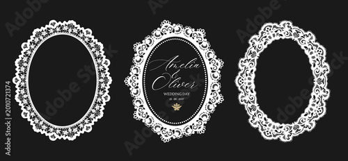 Elegant lace oval frames with vintage ornate borders and floral embroidery patterns, perfect for wedding invitations and decorative baroque designs