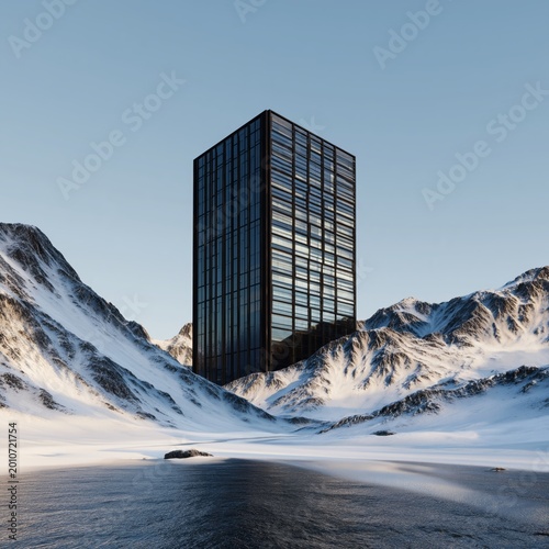 Mountain House With Large Windows on Rocky Slope in Winter Landscape