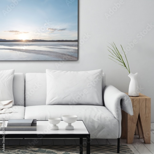 Modern Living Room With White Couch and Artwork in Bright Space