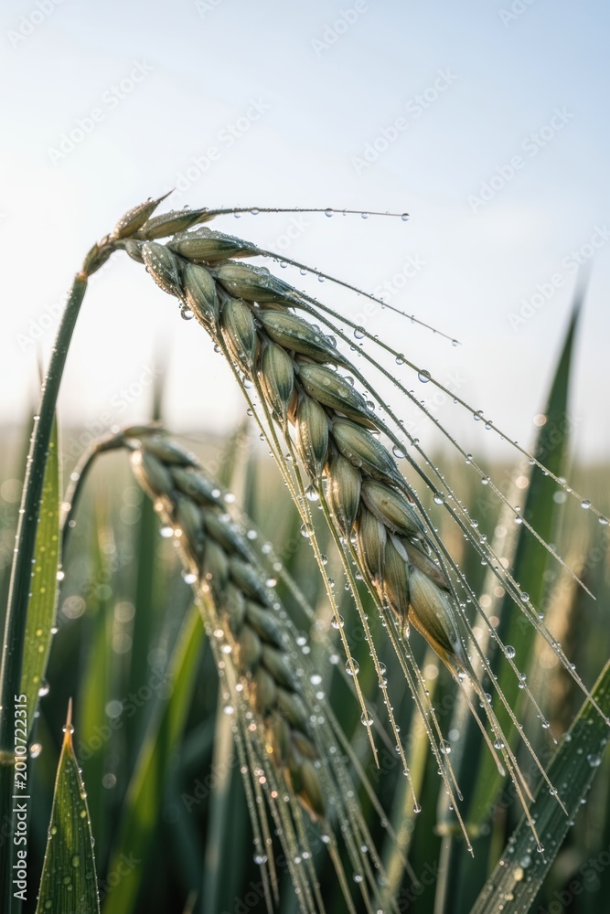 Fototapeta premium Green barley ears with morning dew and soft blurred sky background and cool light