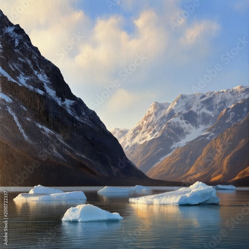 Icebergs Float in a Fjord Surrounded by Mountains and Clear Blue Skies During...