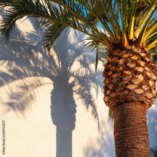 Palm Tree Stands Next to a White Wall Casting a Long Shadow in Bright Sunligh...