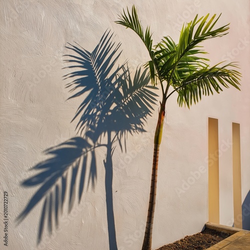 Palm Tree Casts Shadow on White Wall During Bright Day in a Tropical Setting ...