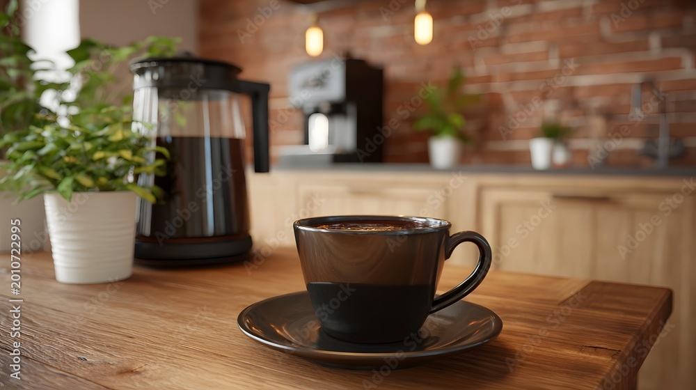 Fototapeta premium A warm cozy scene featuring a cup of coffee on a rustic wooden counter set against a domestic background with lush plants