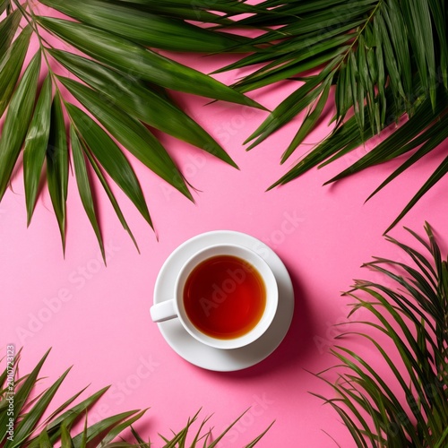 Tea in a White Cup Placed on a Pink Background With Green Leaves Around It