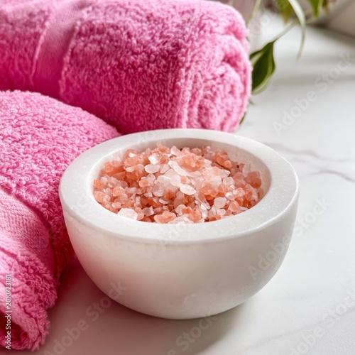 Himalayan Salt in a Bowl With Pink Towel and Salt Lamp Beside It in a Bathroo...