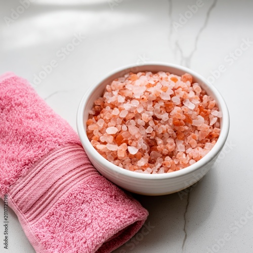 Fresh Pink Salt in a Bowl With a Towel on a Kitchen Counter in a Bright Space