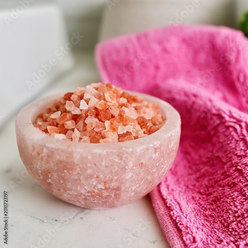 Fresh Pink Salt in a Bowl With a Towel on a Kitchen Counter in a Bright Space