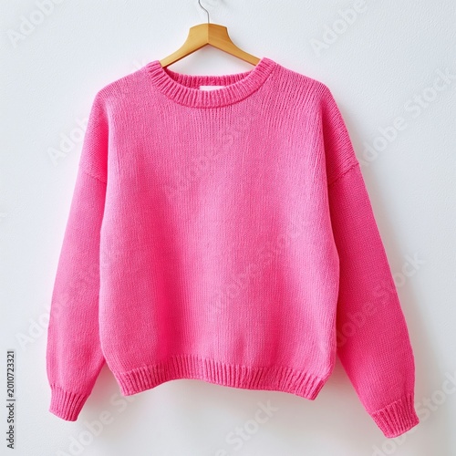 Woman Wearing a Pink Sweater Hanging on a Wooden Hanger Against a Plain Wall