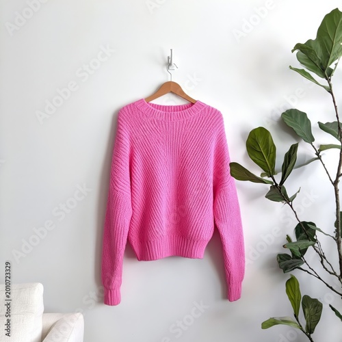 Bright Pink Sweater Hangs on a Wooden Hanger Against a White Wall With a Gree...