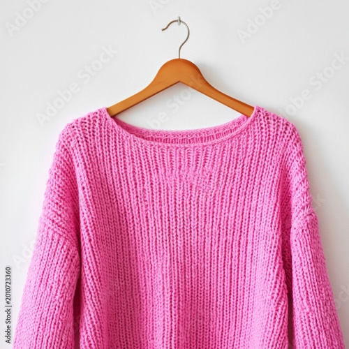 Bright Pink Sweater Hanging on a Wooden Hanger Against a Plain Background in ...