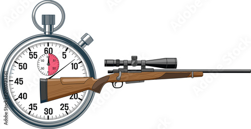 Rifle with scope and stopwatch illustration representing timing precision shooting performance measurement and marksmanship training concept