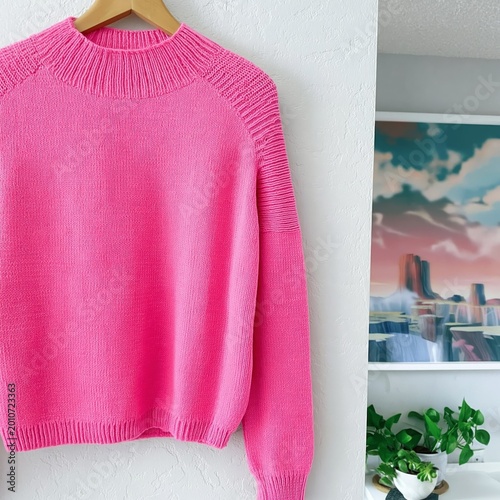 Bright Pink Sweater Hanging on a Wooden Hanger in a Cozy Room With Plants and...