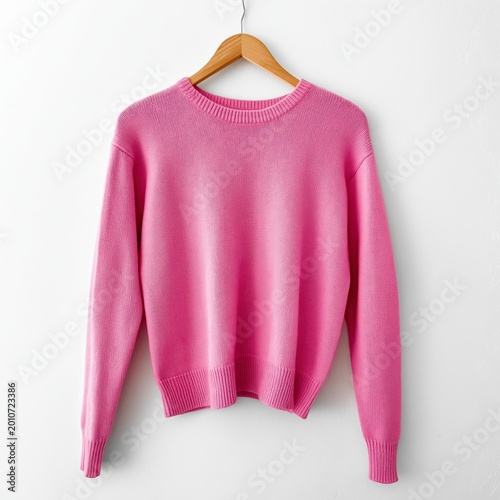 Bright Pink Sweater Hanging on Wooden Hanger Against White Wall