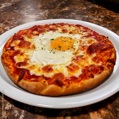 Homemade Pizza Topped With Ham, Tomatoes, Cheese, and a Fried Egg on a Plate
