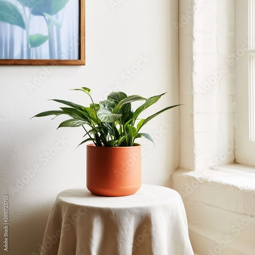 Plant Sits on Table Near Window With Natural Light and Wall Art Inside a Room