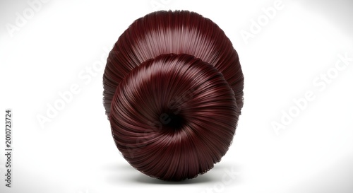 A glossy deep burgundy hair bun styled in a perfectly symmetrical donut shape, viewed from the back with a smooth and polished finish.
