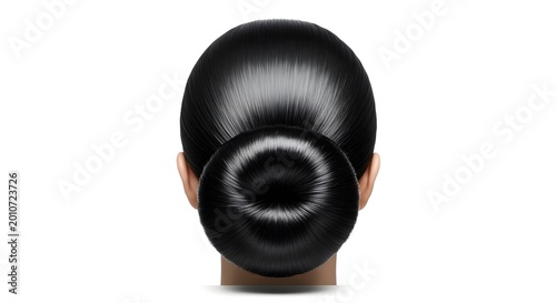 A glossy black bun with a perfectly circular donut shape, reflecting light for a bold and striking appearance.