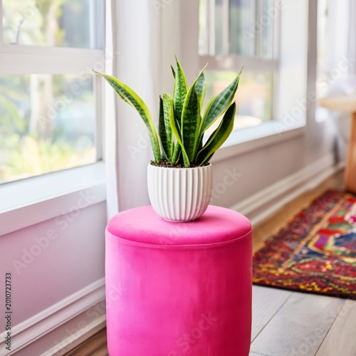 Bright Pink Chair and Table With a Plant in a Modern Living Room Setting
