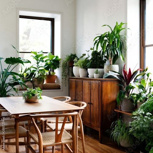 Green Plants Fill a Bright Dining Area With Wooden Furniture and Natural Ligh...