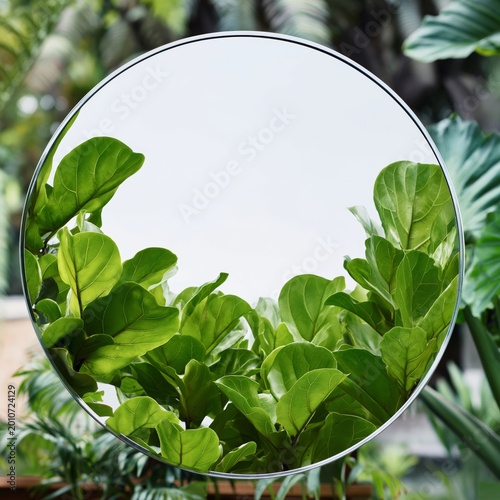 Reflection of Leaves in a Round Mirror Surrounded by Green Foliage in a Brigh...