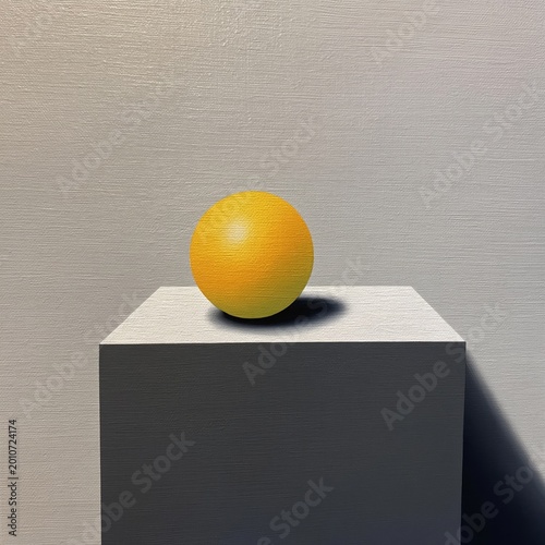 Round Yellow Object Sits on Top of a Gray Square Pedestal With Soft Shadows i...