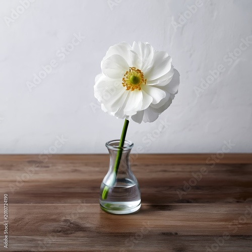 White Flower in Clear Vase Placed on Wooden Table in Simple Indoor Setting