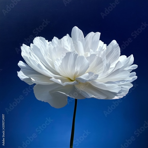 White Flower Stands Alone Against Dark Blue Background in Simple Composition