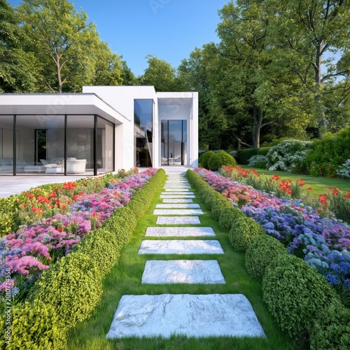 Modern House Surrounded by Colorful Garden and Trees in Daylight