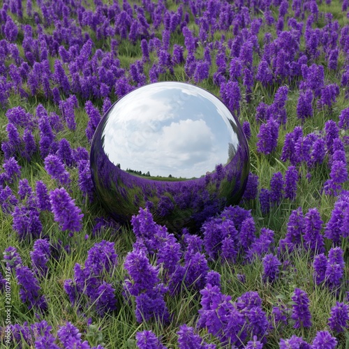 Reflective Sphere in a Field of Purple Flowers Under a Cloudy Sky