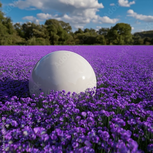 Large White Sphere in a Lavender Field During the Day With Clouds in the Sky