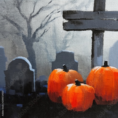 Group of Pumpkins by a Grave in a Foggy Cemetery During Autumn Time