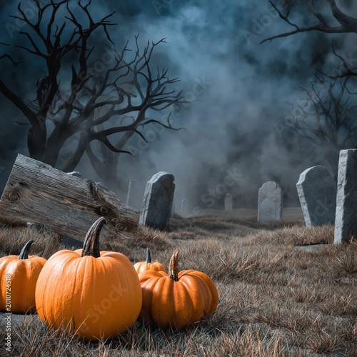 Group of Pumpkins by a Grave in a Foggy Cemetery During Autumn Time