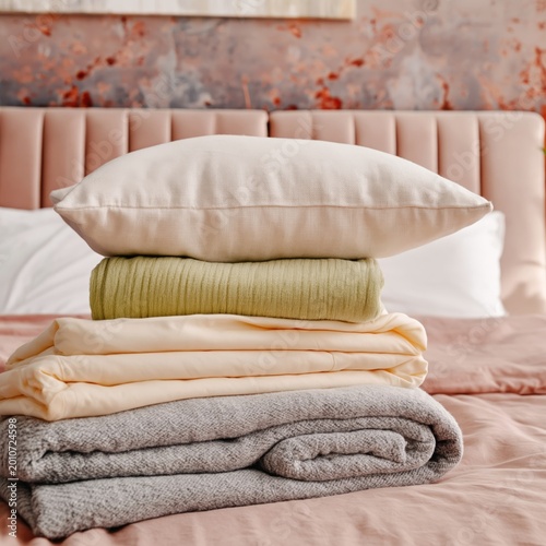 Soft Blankets and a Pillow Stacked on a Bed in a Cozy Room in the Afternoon