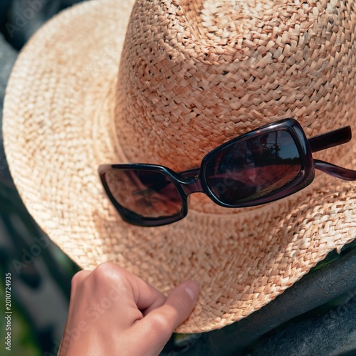 Sun Hat and Sunglasses Placed on a Stone Surface During a Sunny Day in a Gard...