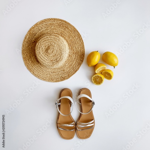 Lemon and Summer Hat With Sandals Arranged on a White Background for a Sunny Day