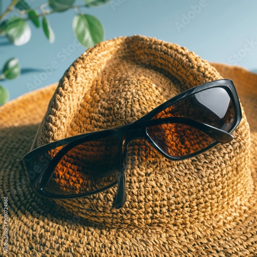 Sun Hat and Sunglasses Placed on a Stone Surface During a Sunny Day in a Gard...