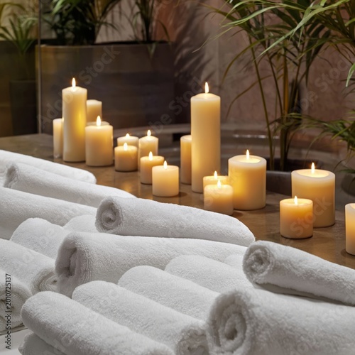 Soft White Towels and Lit Candles in a Spa Setting With Plants in the Backgro...