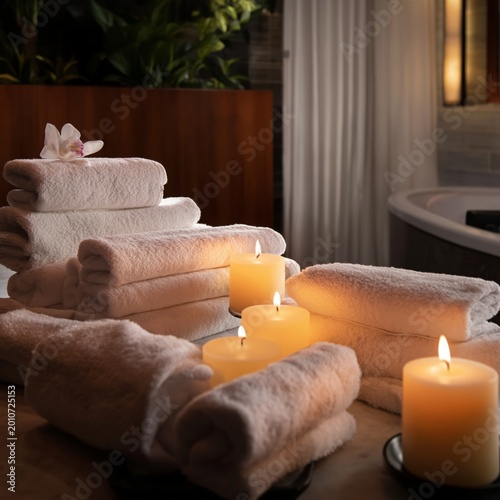 Soft White Towels and Lit Candles in a Spa Setting With Plants in the Backgro...