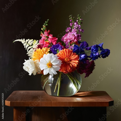 Bright Flowers Arranged in a Vase on a Wooden Table Against a Textured Backgr...