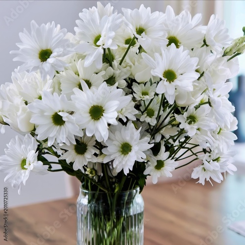 White Daisies in a Glass Vase on a Wooden Table During Daytime