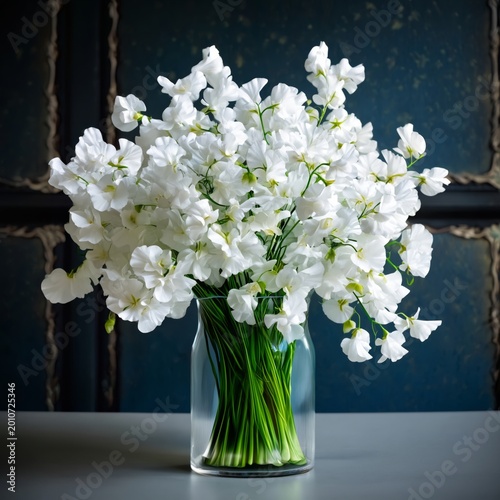 White Flowers in a Clear Vase on a Table Against a Dark Wall at a Modern Home...
