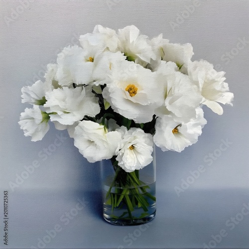 White Flowers in a Clear Vase on a Table Against a Dark Wall at a Modern Home...
