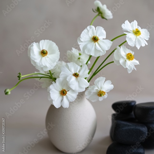 White Ranunculus Flowers in a Black Vase on a Gray Table With Dark Rocks in a...
